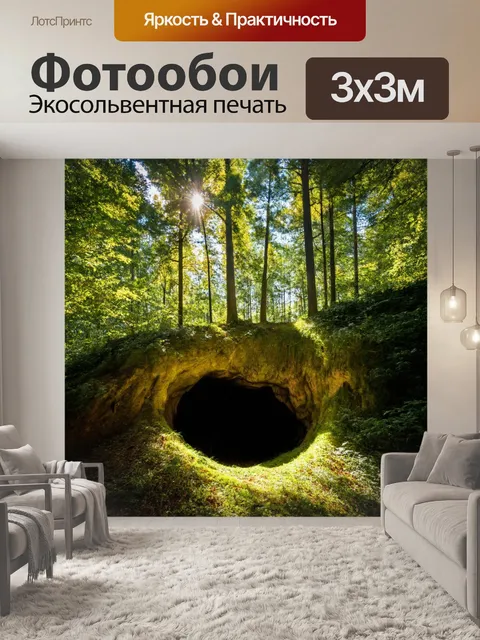 Фотообои углубление в лесу, окруженное величественными деревьями и солнечными лучами, пробивающимися сквозь листву
