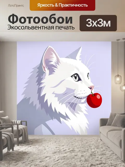 Фотообои Белая кошка с вишней