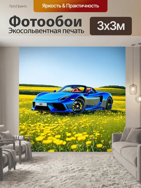 Фотообои спортивный автомобиль, застывший на фоне цветущего луга, под ярким ясным небом