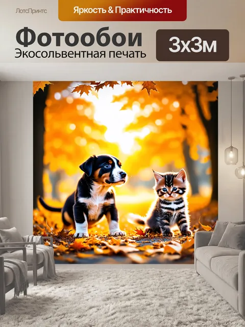 Фотообои щенок, играющий с листьями осенью, и котенок, наблюдающий за этим с интересом