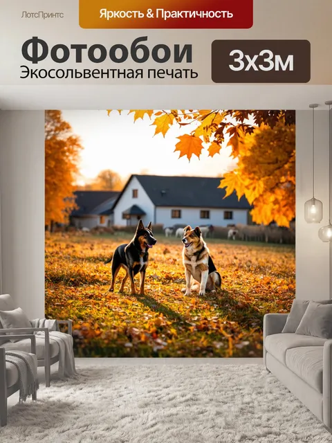 Фотообои осень — мирное утро в деревне с пастушьими собаками