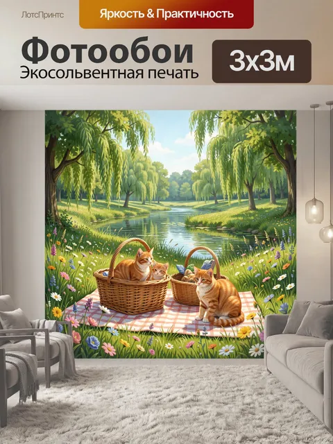 Фотообои Рыжие коты в плетёных корзинах на пикнике