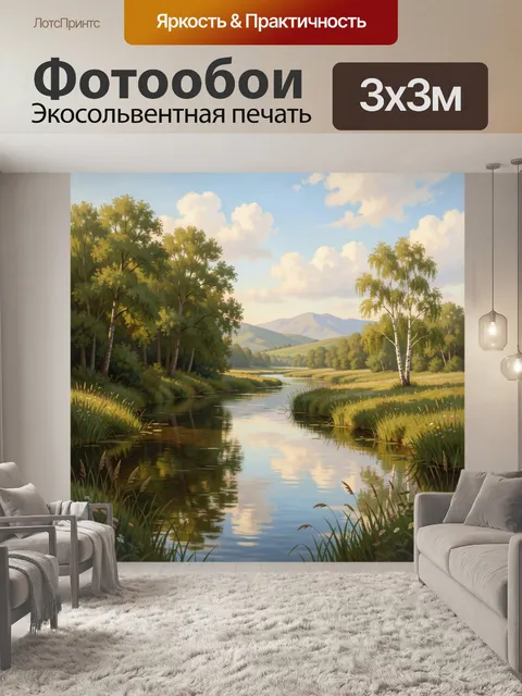 Фотообои Летний речной пейзаж с березами