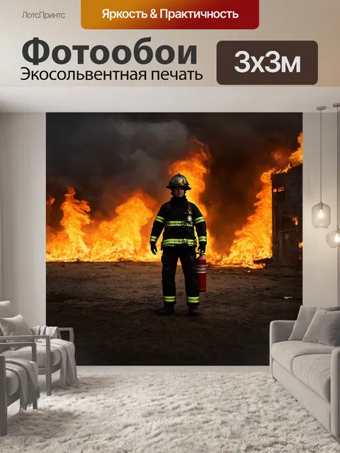 Фотообои пожарный в каске и с огнетушителем стоит перед горящим зданием, пламя которого достигает неба