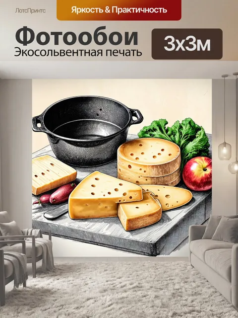 Фотообои на старинной столешнице расположены зрелые колеса сыра, окруженные чугунной посудой и свежими овощами