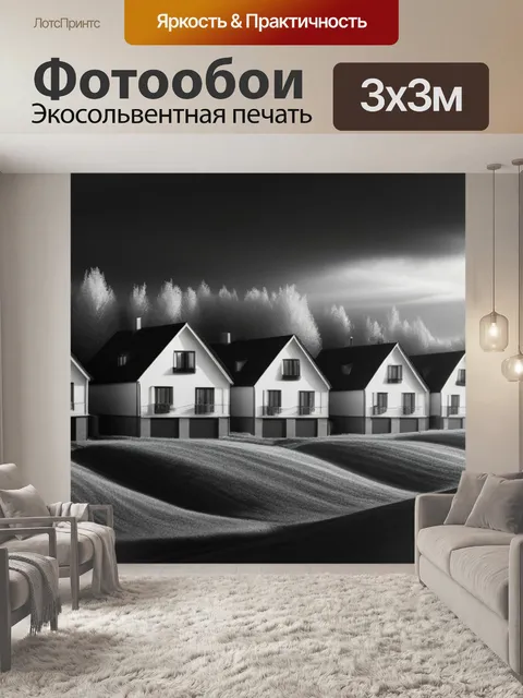 Фотообои осенний пейзаж с домами чернобелый