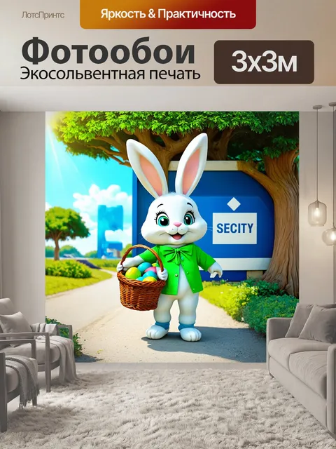 Фотообои пасхальный заяц, несущий в лапках корзину с яйцами, стоит на фоне таможенного поста с охраной, в зеленом и…