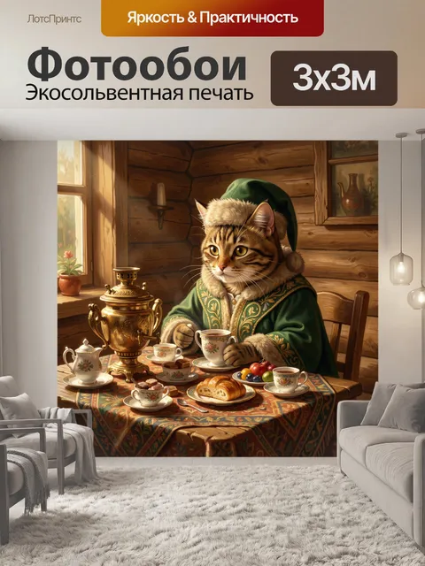 Фотообои Кот в зеленом кафтане за чаем