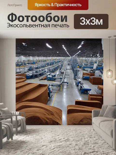 Фотообои перспектива на обширное помещение фабрики, где огромные машинные ряды создают динамику и движение