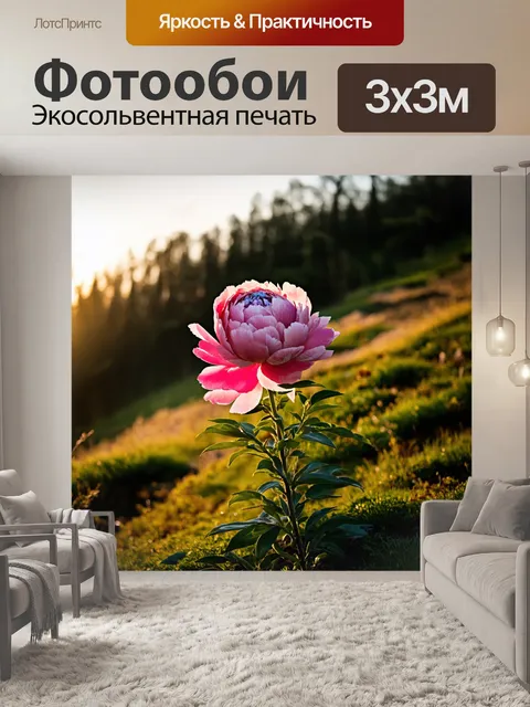 Фотообои в глубоких лесах, дикая природа, пион растет на склоне холма, освещенный вечерним солнцем