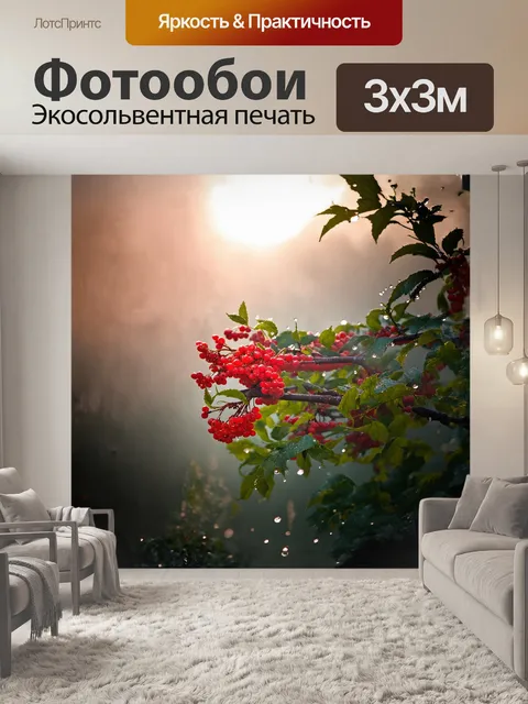 Фотообои ягоды рябины ярко-красного цвета