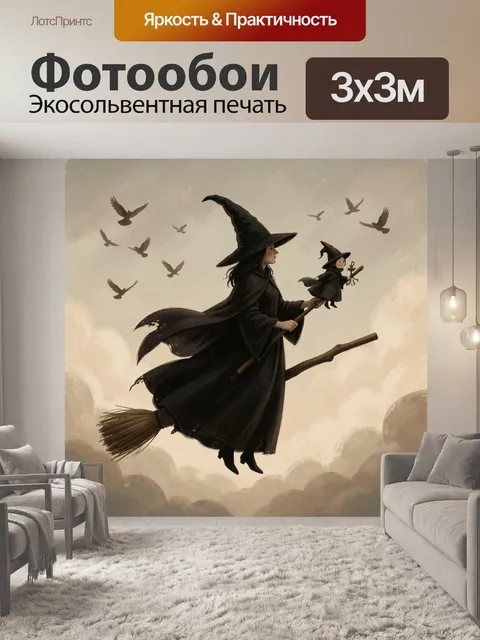 Фотообои Ведьма на метле с совой