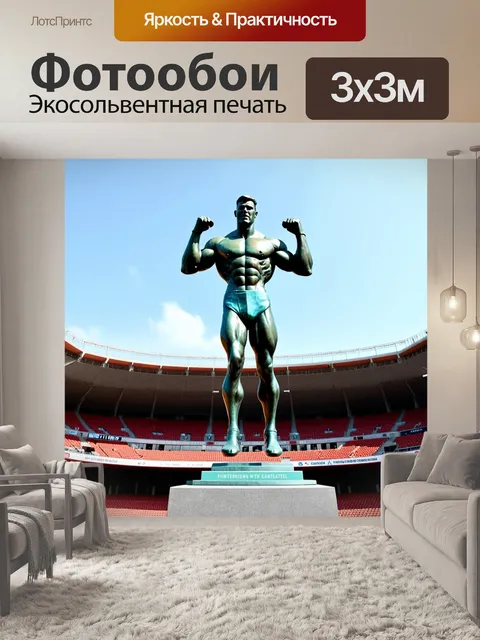 Фотообои статуя силы, изображающая мускулистого атлета, выполненная из бронзового сплава, на фоне стадиона
