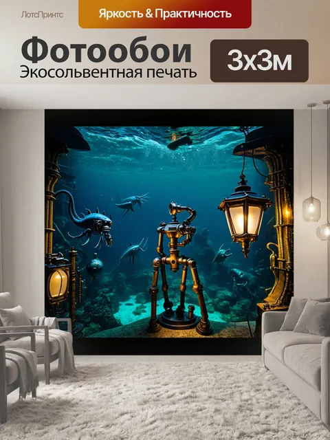 Фотообои ночь в стиле стимпанк, подводный мир с механическими существами и лампами, освещающими все вокруг