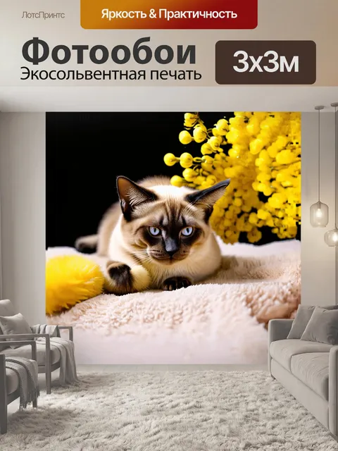 Фотообои сиамский кот, удобно устроившийся на мягком пледе с мимозами, нежно играет с пушистым шариком