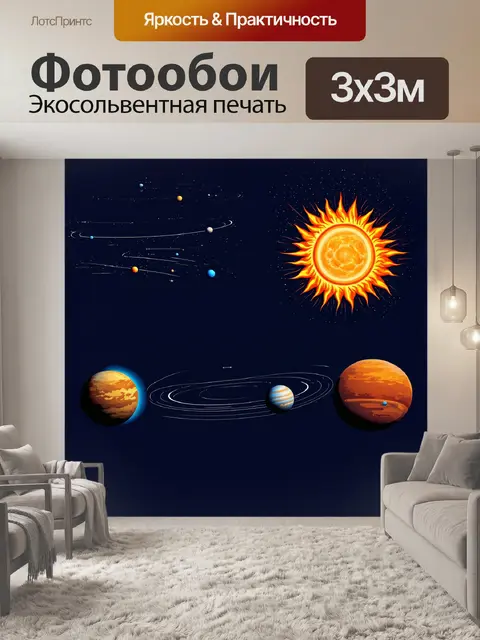 Фотообои векторная графика в стиле научной иллюстрации: **солнце** и планеты солнечной системы представлены в виде…
