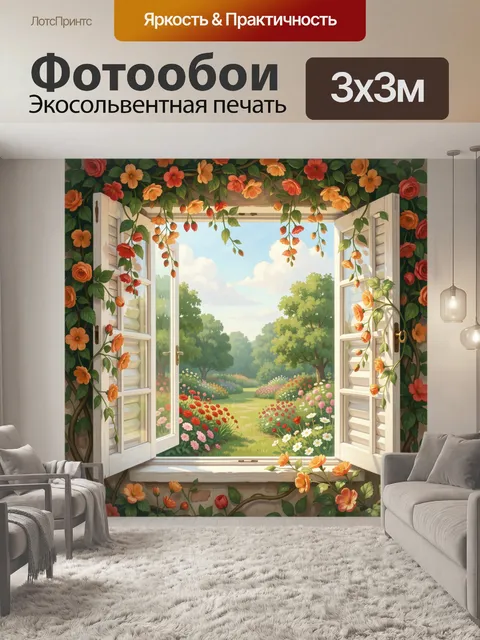 Фотообои Открытое окно в цветущий сад