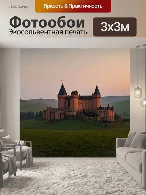 Фотообои рассвет на старинном замке, где замок охвачен легким туманом