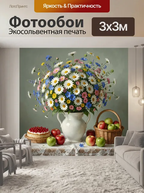 Фотообои Полевые цветы и яблоки на столе