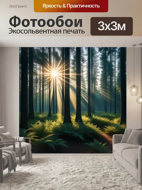 Фотообои закат в лесу, солнечные лучи пробиваются сквозь деревья