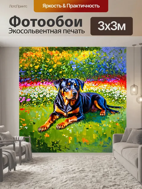 Фотообои ротвейлер лежит на зеленом лугу