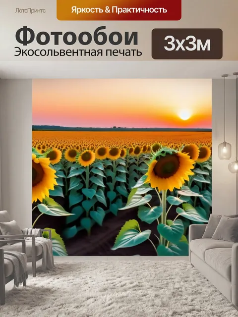 Фотообои закат над полем с подсолнухами