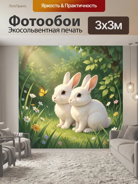 Фотообои Два белых кролика в лесу