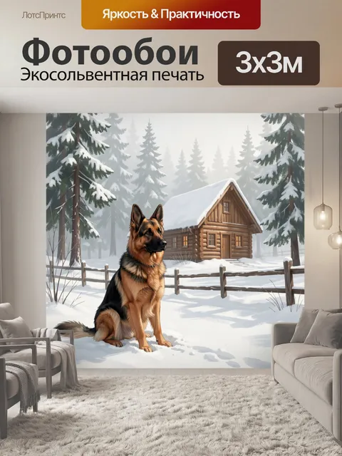 Фотообои Овчарка у зимнего домика