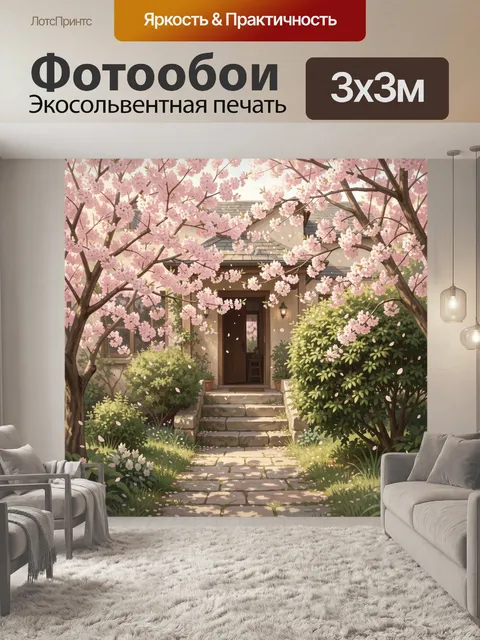 Фотообои Домик в цветущем саду