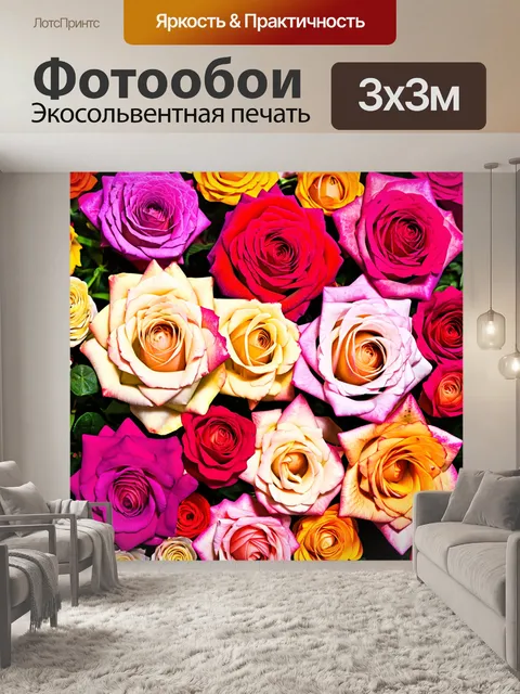 Фотообои розы в стиле раскраска, разнообразие ракурсов, показывающее цветы снизу, сверху и сбоку