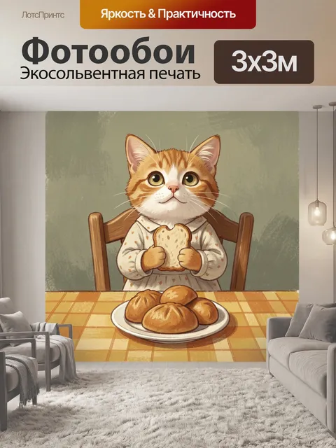 Фотообои Котенок с хлебом за столом