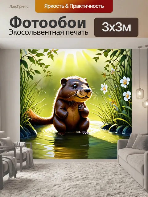 Фотообои бобр, играющий в тихом ручье, его хвостик ярко сверкает на солнце