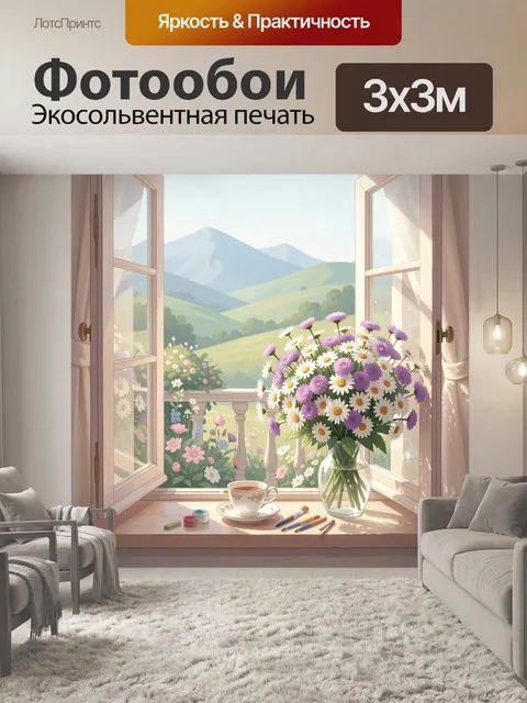 Фотообои Цветы на подоконнике с видом на горы
