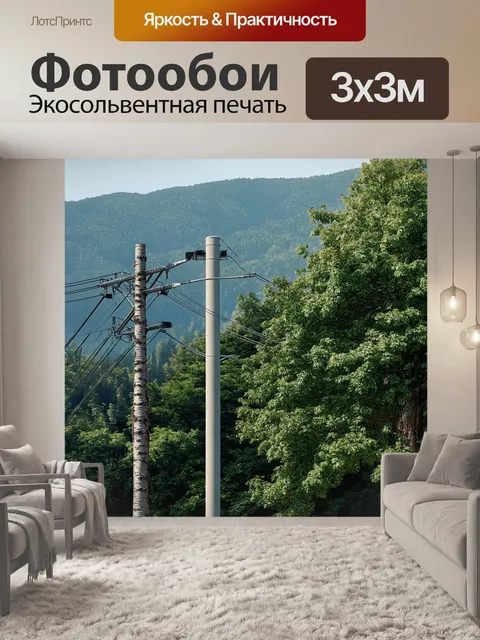 Фотообои современные бетонные столбы линии электропередач, окруженные густыми лесами и горами