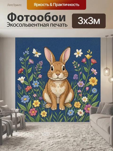 Фотообои Зайчик среди луговых цветов