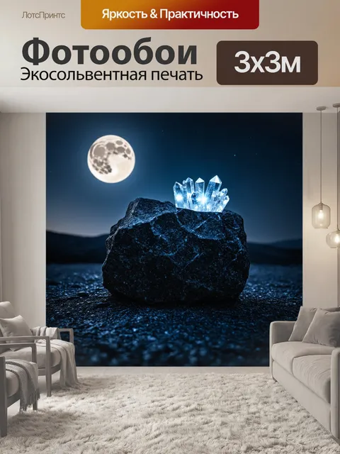 Фотообои камень с глубокими трещинами и яркими кристаллами, выходящими на поверхность, под светом полной луны