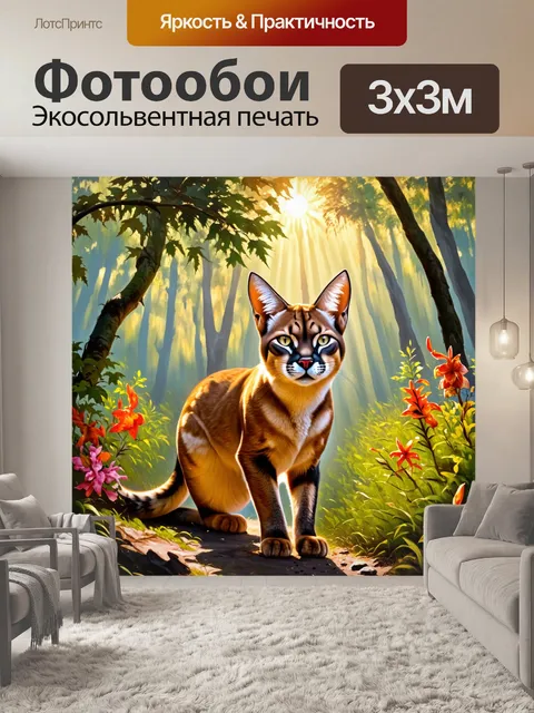 Фотообои каракал в лесной чаще, с солнечными лучами, пробивающимися сквозь листву
