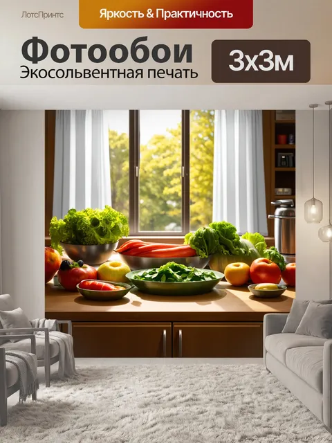 Фотообои приготовление разнообразных блюд с использованием свежих овощей и фруктов на кухне с большим окном