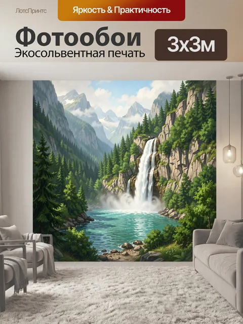 Фотообои Водопад в хвойной горной долине