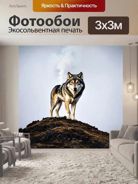 Фотообои волк стоит на вершине горы, из его пасти вырывается пар, вдыхая холодный воздух зимнего утра