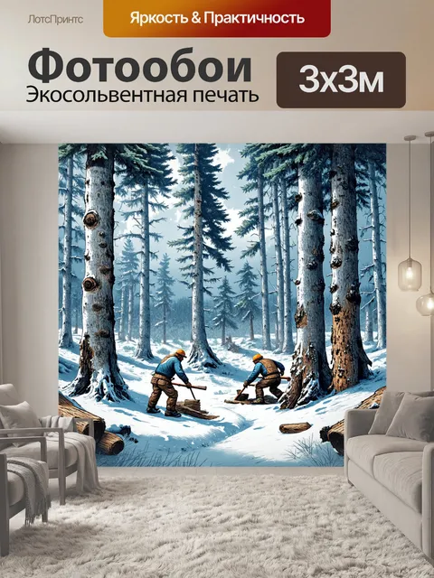 Фотообои зимний пейзаж, изображенный в технике гравюры, где лесорубы работают в глухом лесу