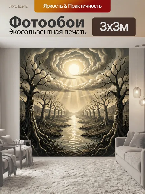 Фотообои Мистический лес с рекой и солнцем