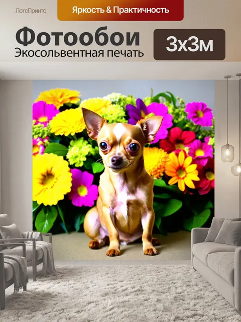 Фотообои чихуахуа, на фоне светлых цветов, вам допустимо тянуть букет, романтическая атмосфера