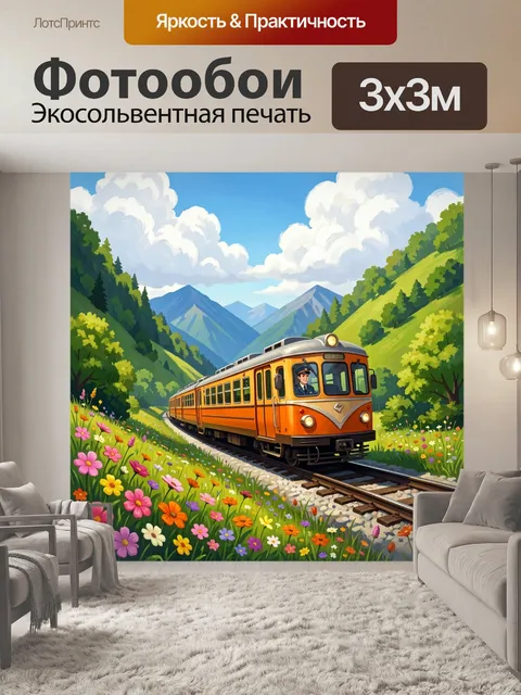 Фотообои Оранжевый поезд в горах