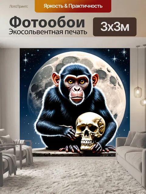Фотообои животные в стиле готический: зловещая обезьяна с черепом на руке, на фоне луны и звезд