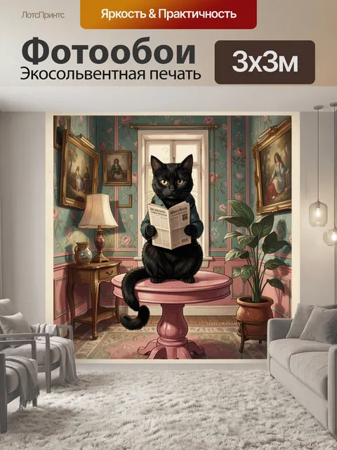 Фотообои Чёрный кот с книгой в интерьере