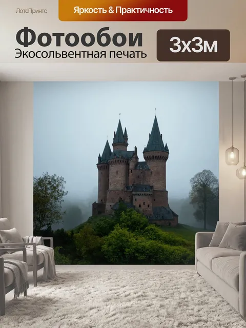Фотообои туман в стиле тонализм, старый замок с塔 в тумане