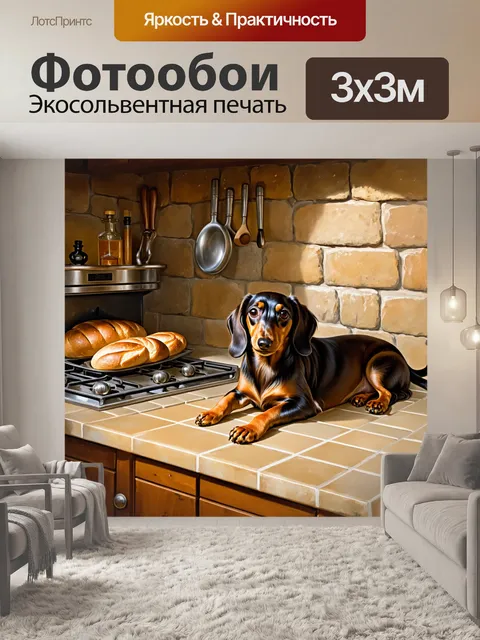 Фотообои в уютной деревенской кухне, длинношерстная такса лежит на теплой плитке у печки