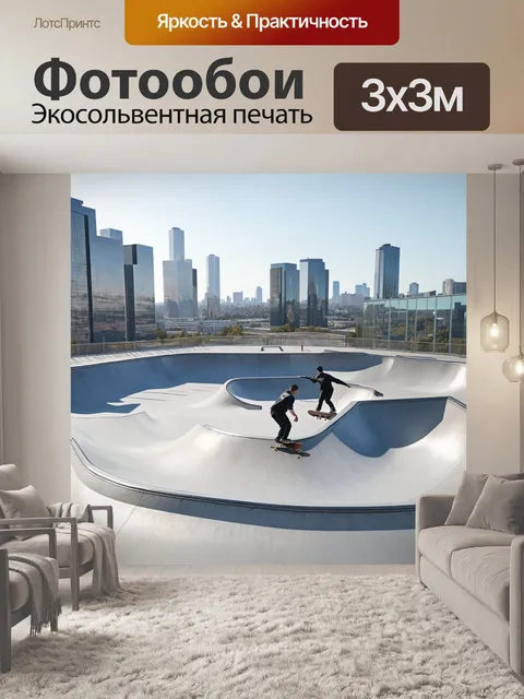 Фотообои визуализация величественного скейт-парка на крыше высотки, с панорамным видом на городской ландшафт