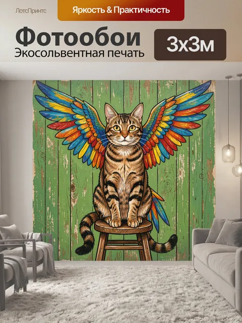Фотообои Полосатый кот с яркими крыльями